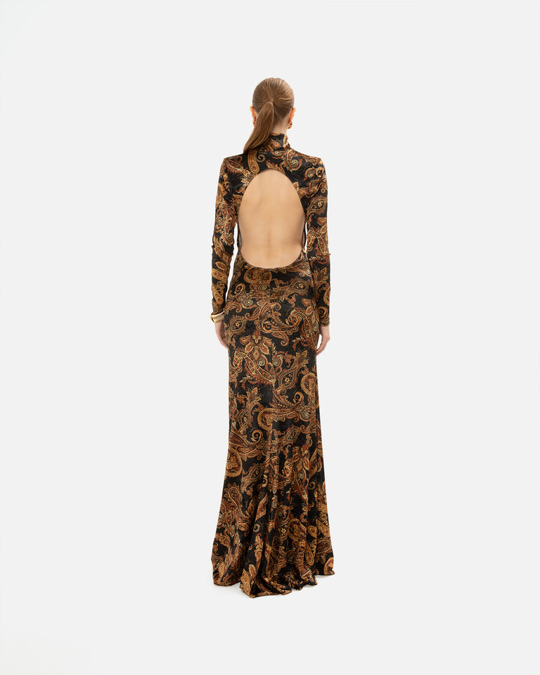 GOLDEN-BROWN PAISLEY HIGH-NECK DRESS