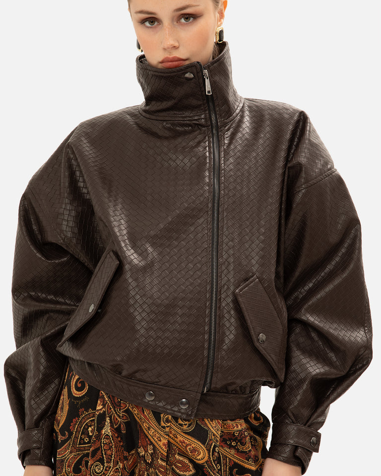 BROWN PANAMA WEAVE FAUX LEATHER JACKET