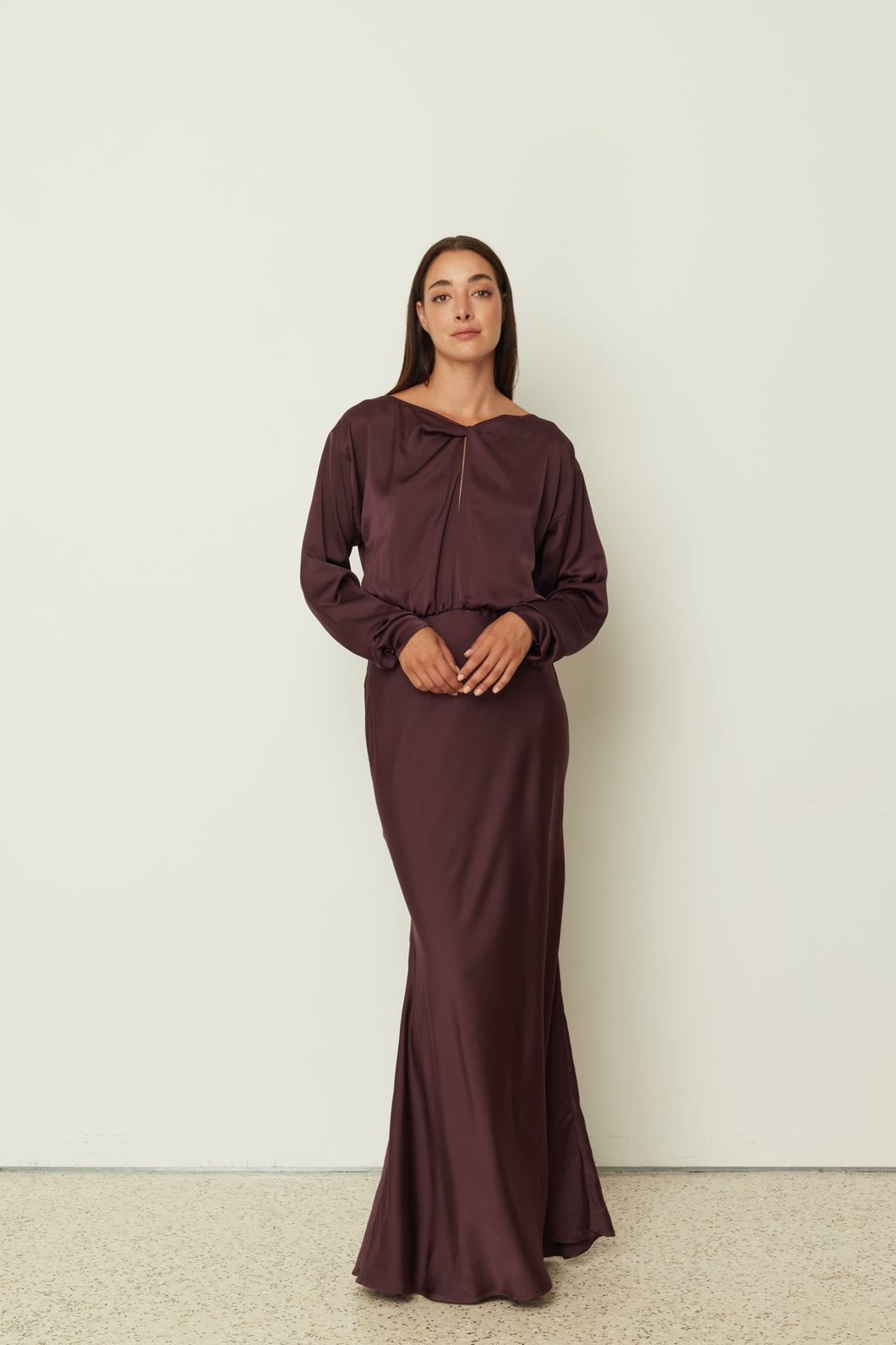 PLUM SATIN LONG FLARED DRESS