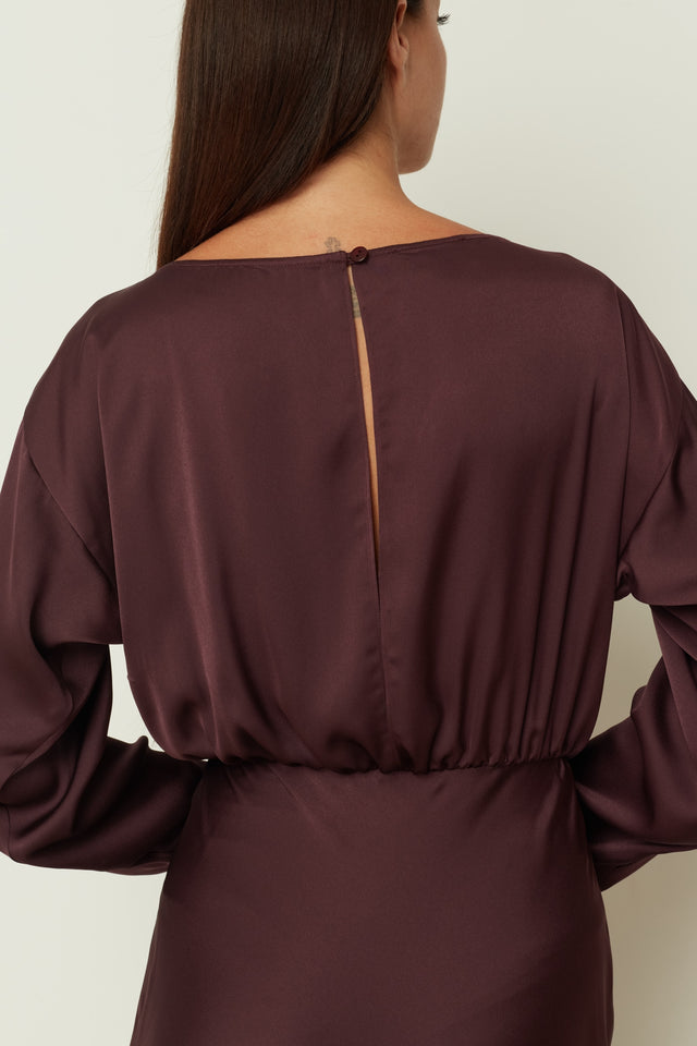 PLUM SATIN LONG FLARED DRESS