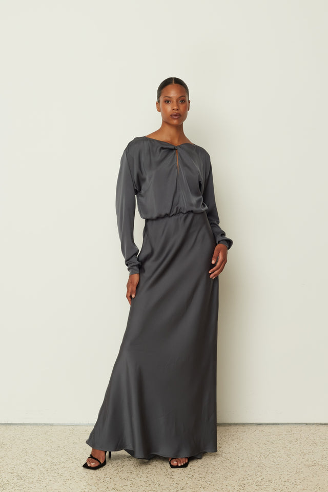 GREY SATIN LONG FLARED DRESS