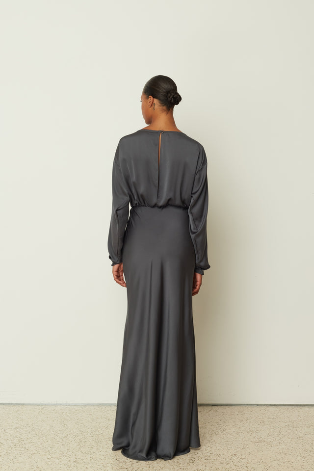 GREY SATIN LONG FLARED DRESS