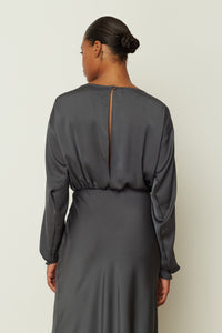 GREY SATIN LONG FLARED DRESS