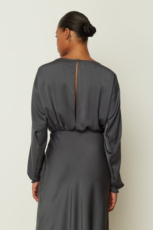 GREY SATIN LONG FLARED DRESS