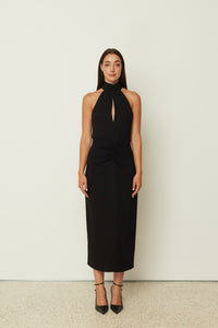 BLACK HALTER-NECK MIDI DRESS