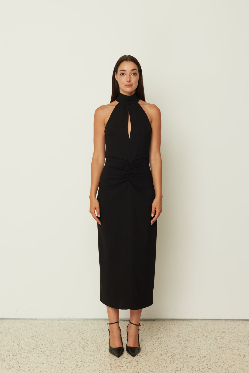 BLACK HALTER-NECK MIDI DRESS