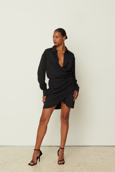 BLACK JACQUARD WRAP DRESS