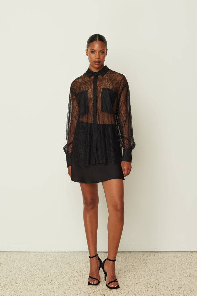 BLACK MINI SATIN SKIRT