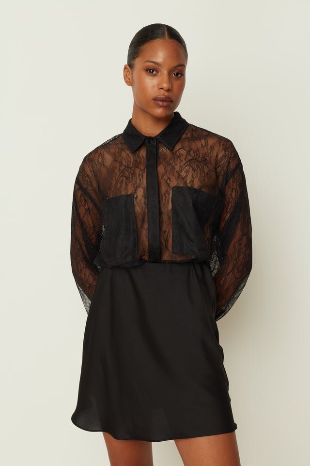 BLACK MINI SATIN SKIRT