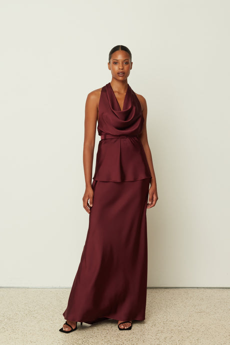 SATIN LONG SKIRT PLUM