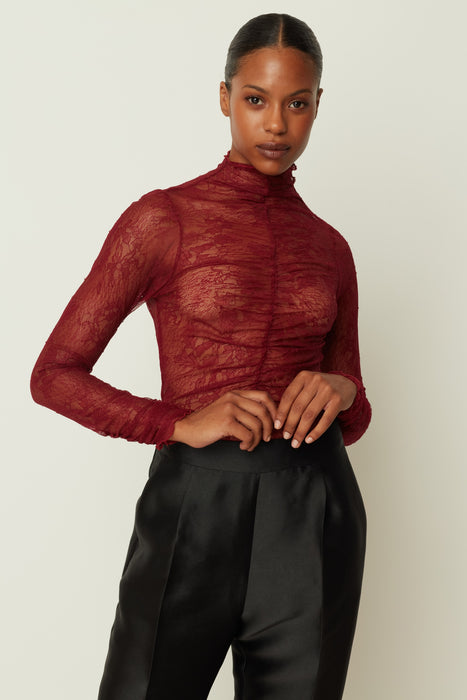 BORDEAUX LACE RUFFLED BODYSUIT