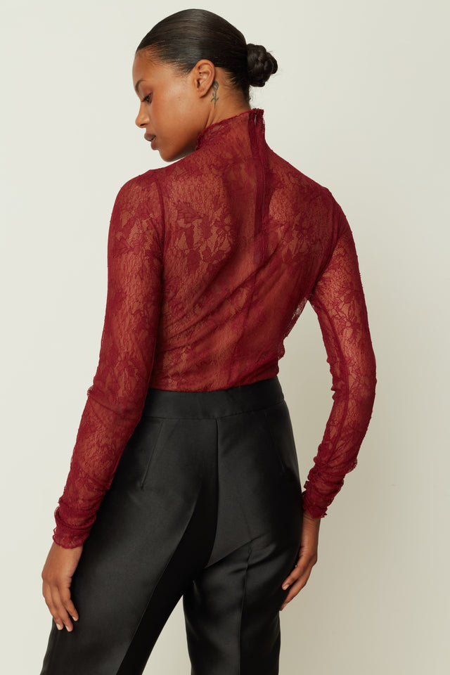 BORDEAUX LACE RUFFLED BODYSUIT