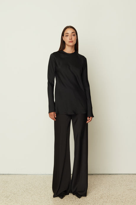 BLACK SATIN FLARED PANTS