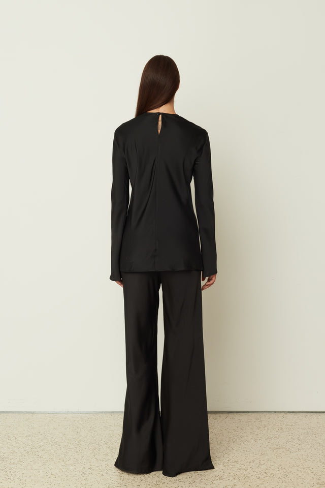 BLACK SATIN FLARED PANTS