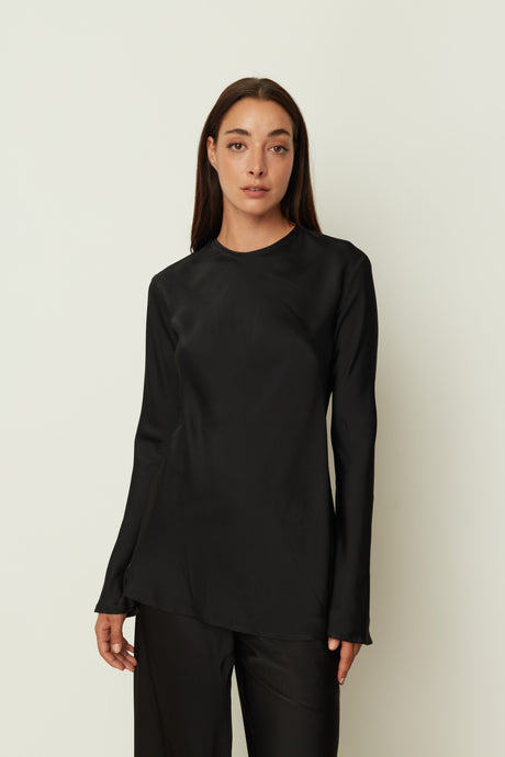 BLACK SATIN LONGSLEEVE TOP