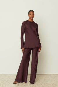 PLUM SATIN FLARED PANTS