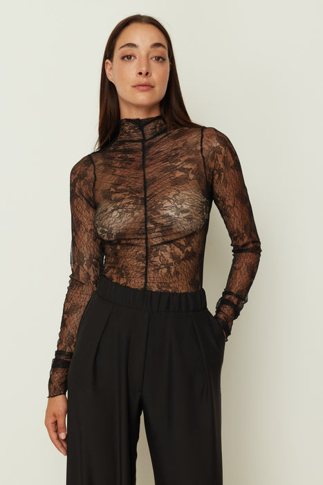 BLACK LACE RUFFLED BODYSUIT