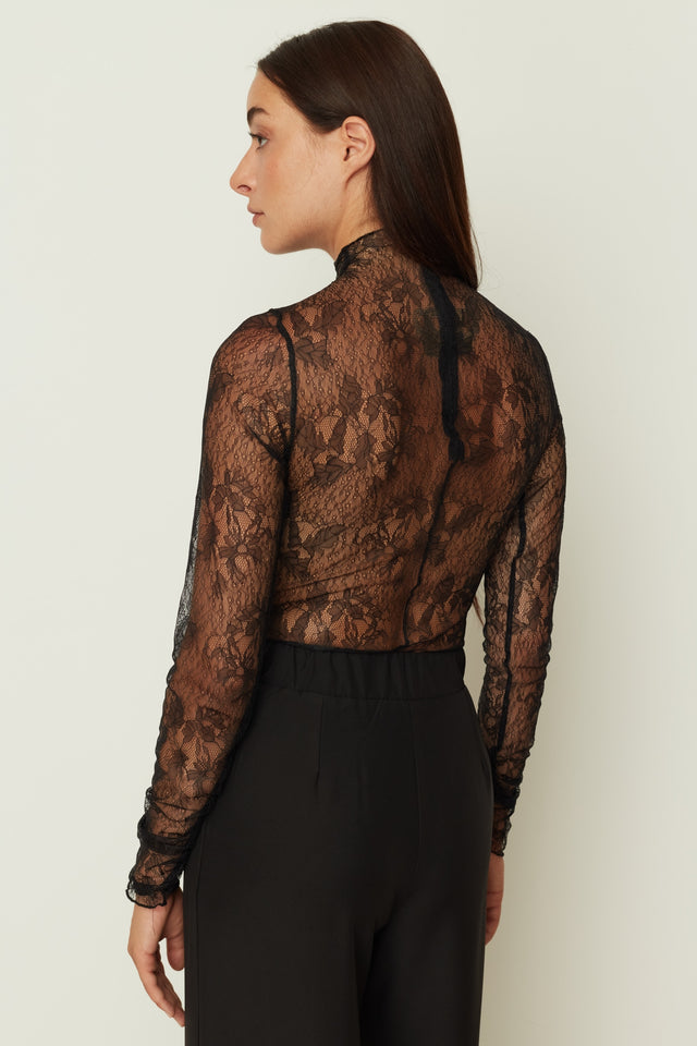 BLACK LACE RUFFLED BODYSUIT