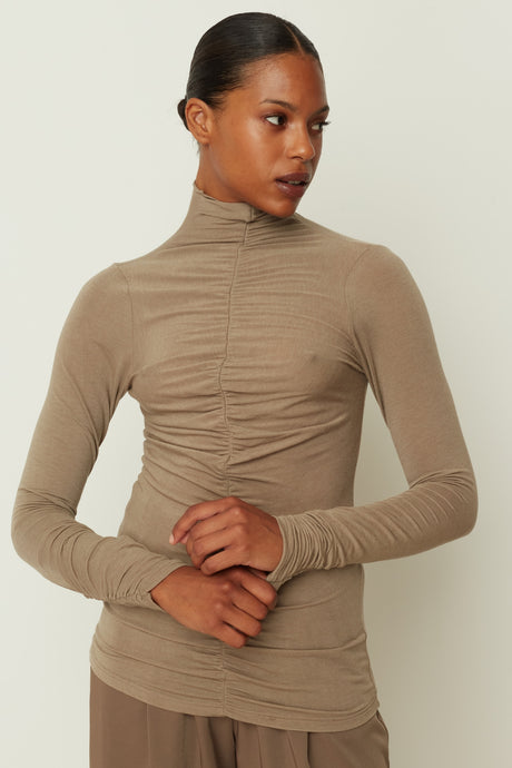 RUFFLED HIGH NECK TOP BEIGE ONE SIZE