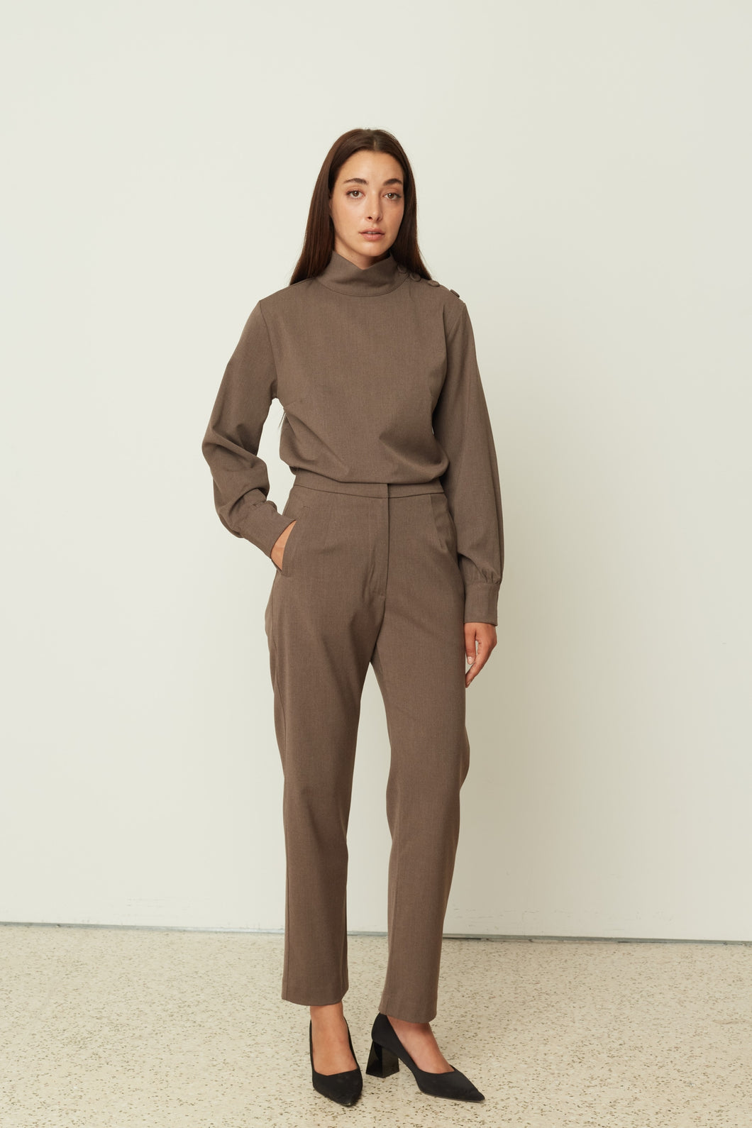 BUTTON SHIRT TOP BROWN