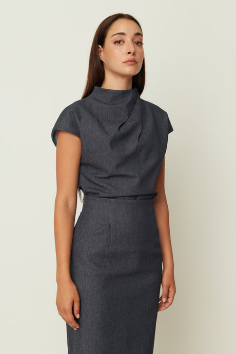 DRAPED DENIM SHORT-SLEEVE TOP