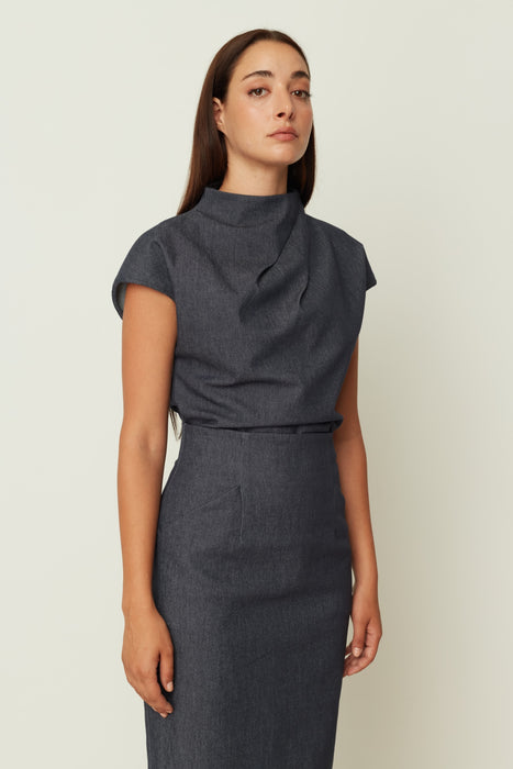 DRAPED DENIM SHORT-SLEEVE TOP