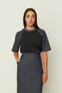 DENIM LOOK SLEEVE T-SHIRT BLACK