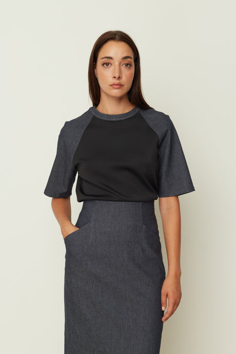DENIM LOOK SLEEVE T-SHIRT BLACK
