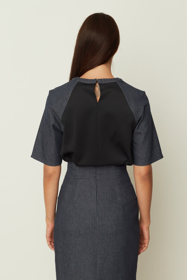 DENIM LOOK SLEEVE T-SHIRT BLACK
