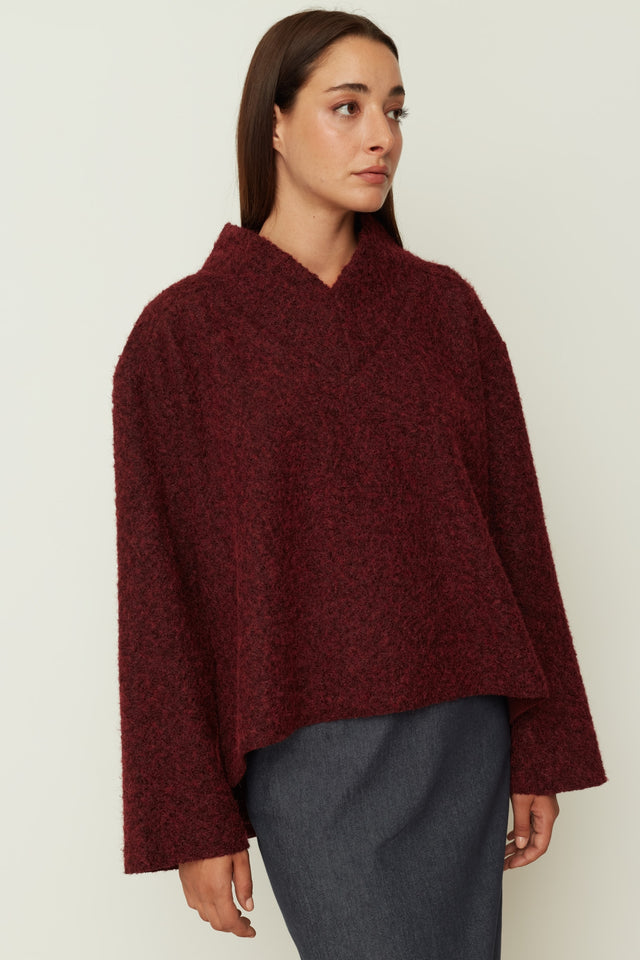 V NECK KNIT TOP BORDEAUX ONE SIZE