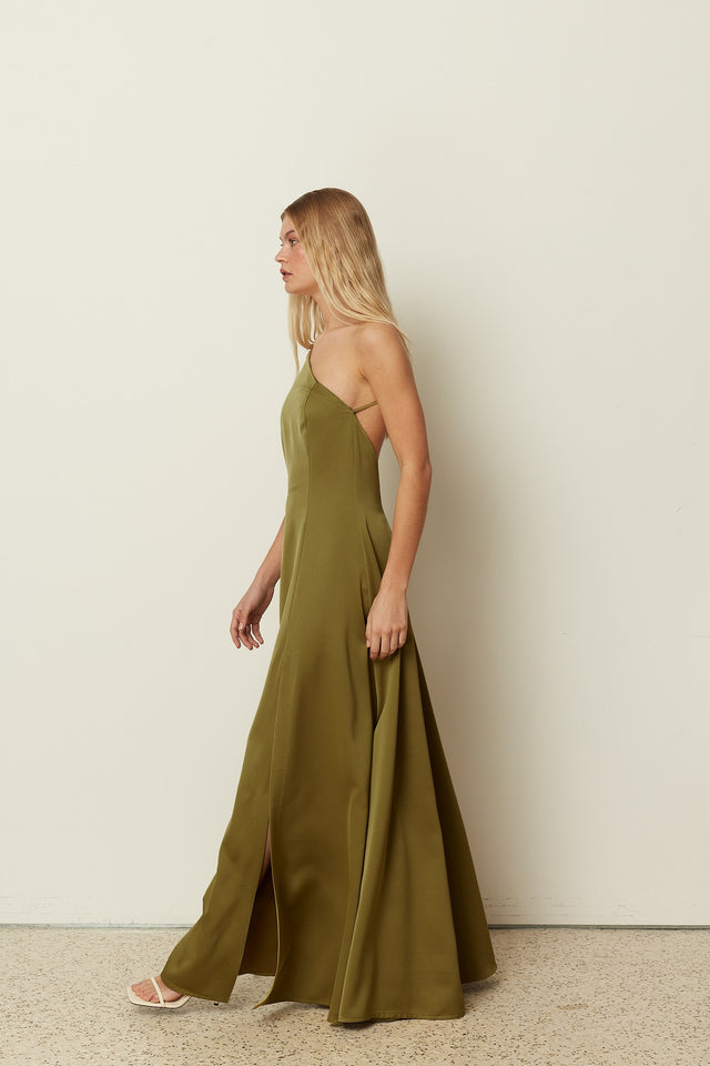 ONE SHOULDER FLARED DRESS OLIVE