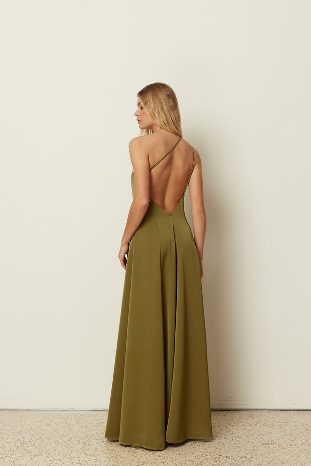 ONE SHOULDER FLARED DRESS OLIVE