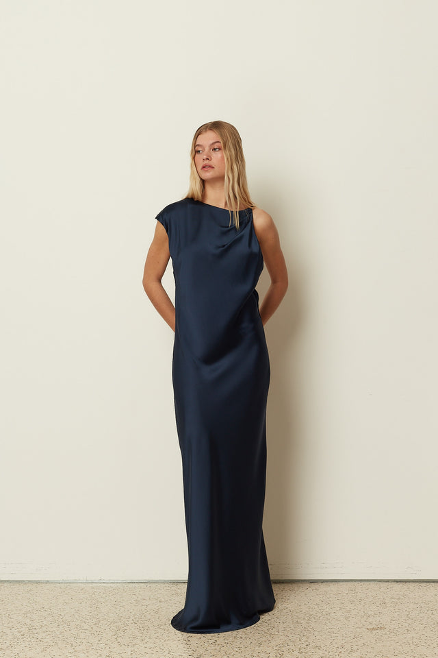 BLUE ASYMMETRICAL SATIN DRESS