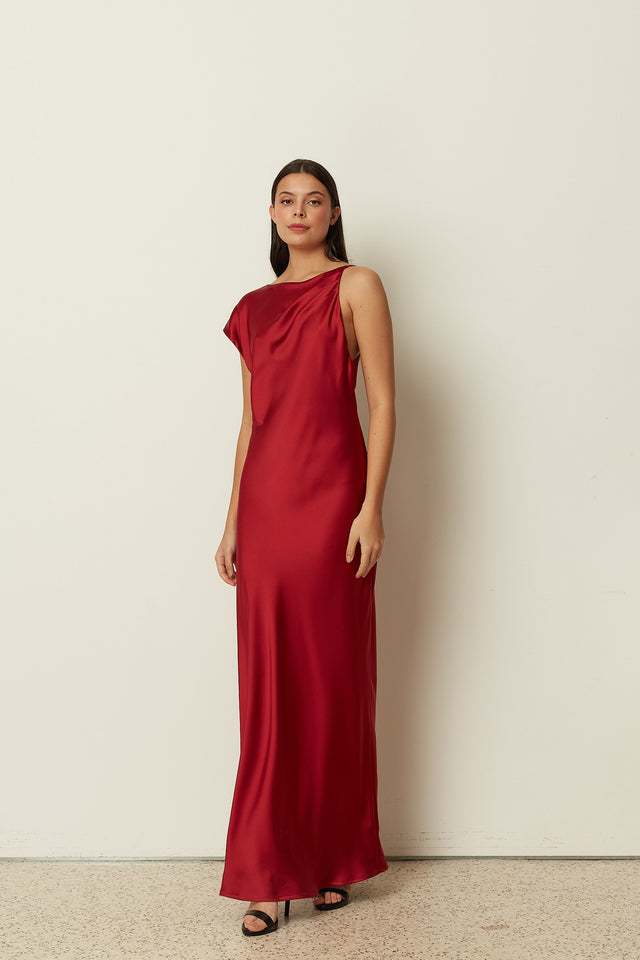 RED ASYMMETRICAL SATIN DRESS