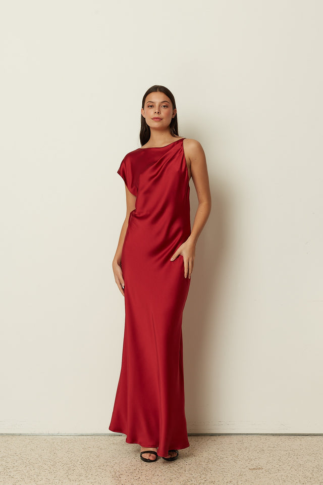RED ASYMMETRICAL SATIN DRESS