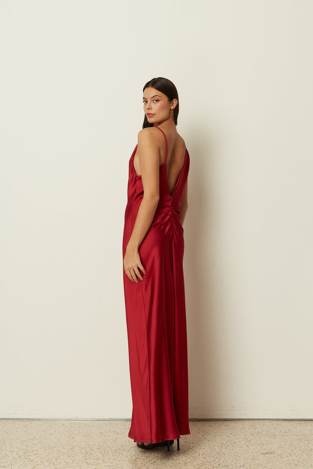 RED ASYMMETRICAL SATIN DRESS