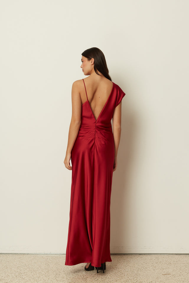 RED ASYMMETRICAL SATIN DRESS