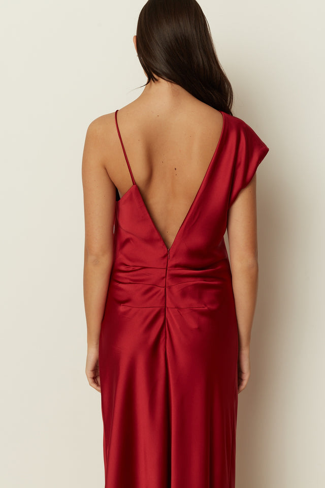 RED ASYMMETRICAL SATIN DRESS
