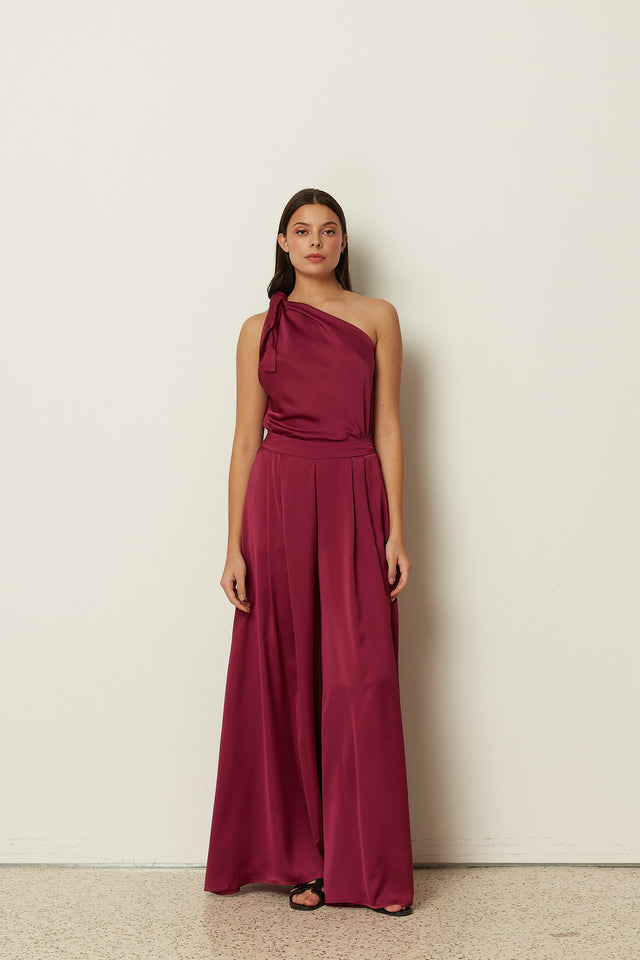 CHERRY SATIN WIDE-LEG PANTS