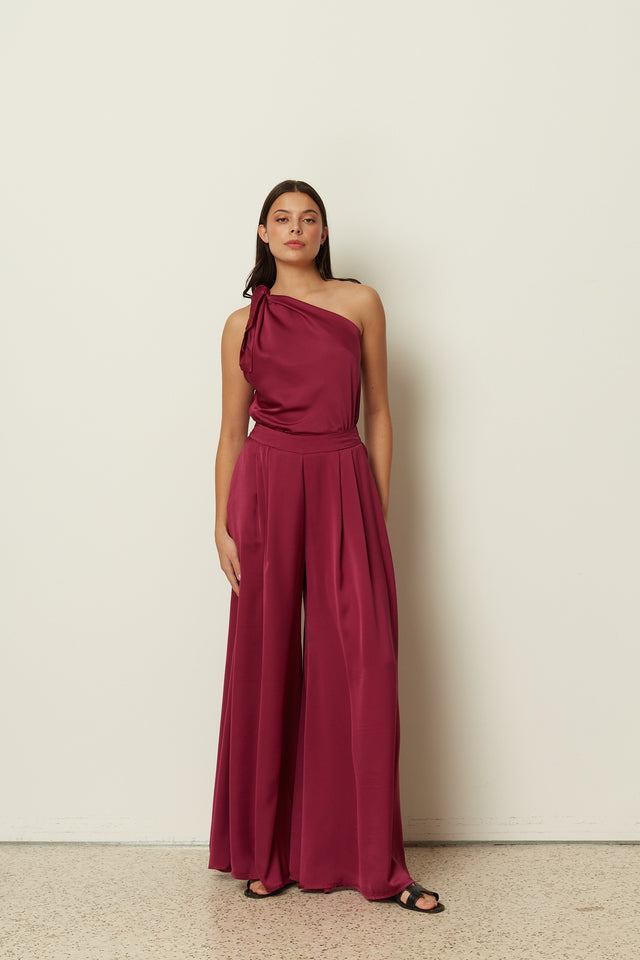CHERRY SATIN WIDE-LEG PANTS