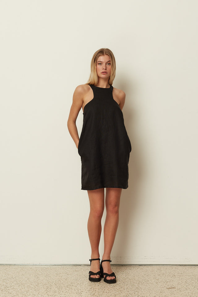 BLACK LINEN MINI DRESS