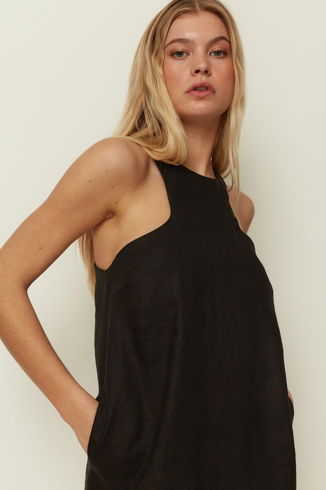 BLACK LINEN MINI DRESS