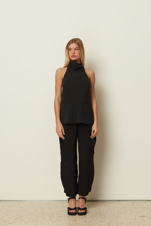 BLACK HALTER DRAPED TOP