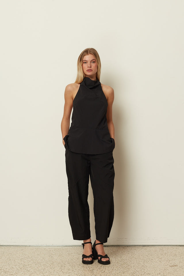 BLACK HALTER DRAPED TOP