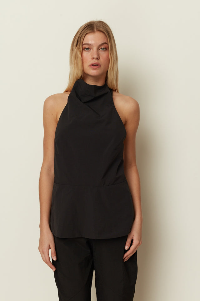 BLACK HALTER DRAPED TOP