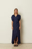 BLUE SATIN RUFFLED WRAP DRESS