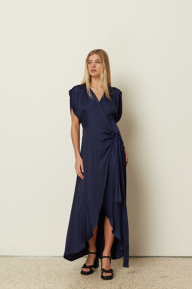 BLUE SATIN RUFFLED WRAP DRESS