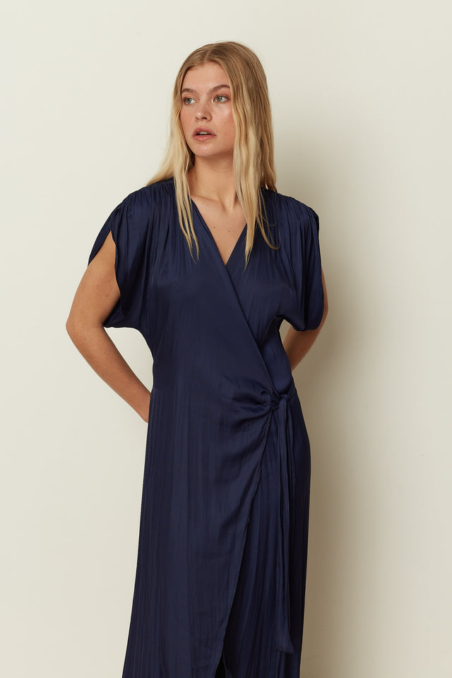 BLUE SATIN RUFFLED WRAP DRESS