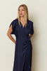 BLUE SATIN RUFFLED WRAP DRESS