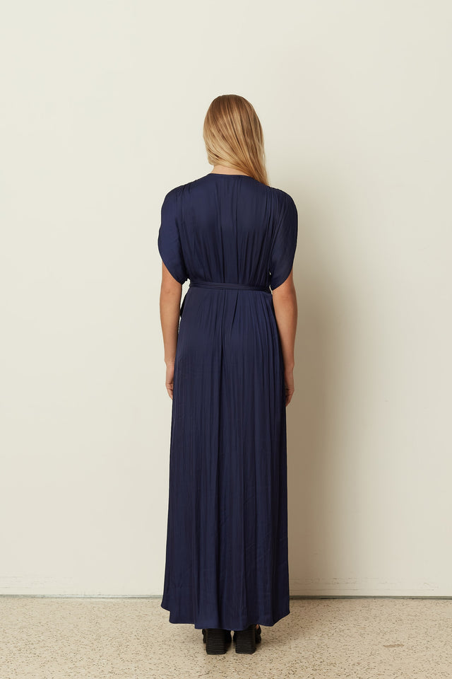 BLUE SATIN RUFFLED WRAP DRESS
